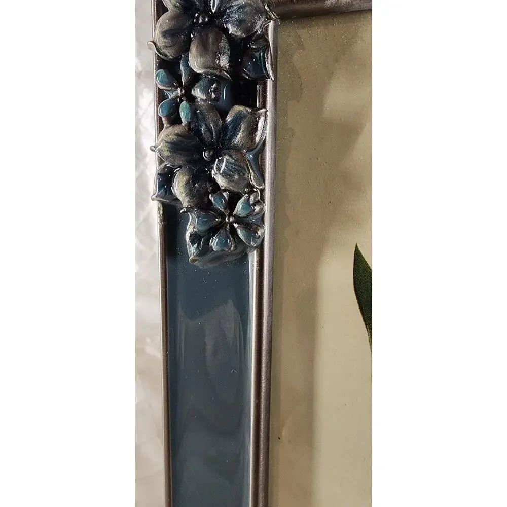 Vintage Blue Enamel Floral Metal 4x6 Picture Frame Raised 3DFlowers CottageDecor